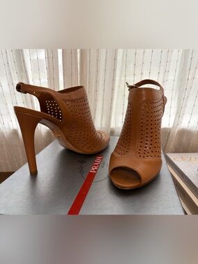 Prada Tan Perforated Leather Peep-Toe Heeled Booties size 40